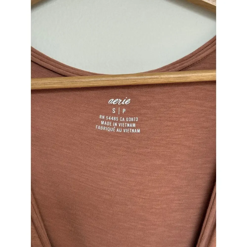 Aerie Womens S Romper Terracotta Tie Shoulder Tassel Boho Cotton Jersey Vacation